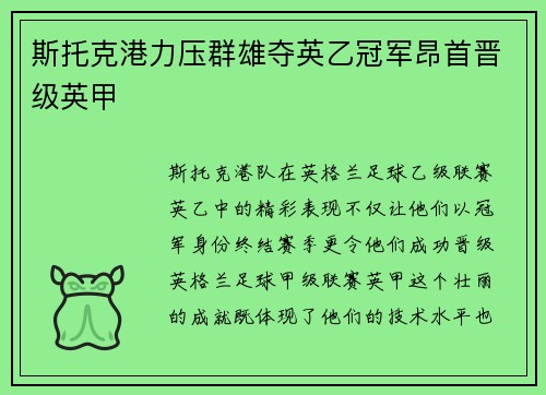 斯托克港力压群雄夺英乙冠军昂首晋级英甲 斯托克港力压群雄夺英乙冠军昂首晋级英甲